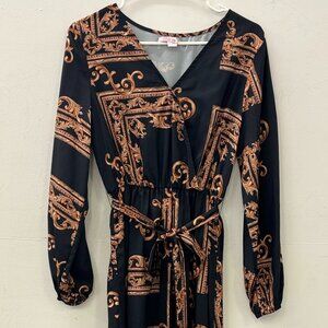 Baroque Patterned Black and Gold Long Sleeve Dress